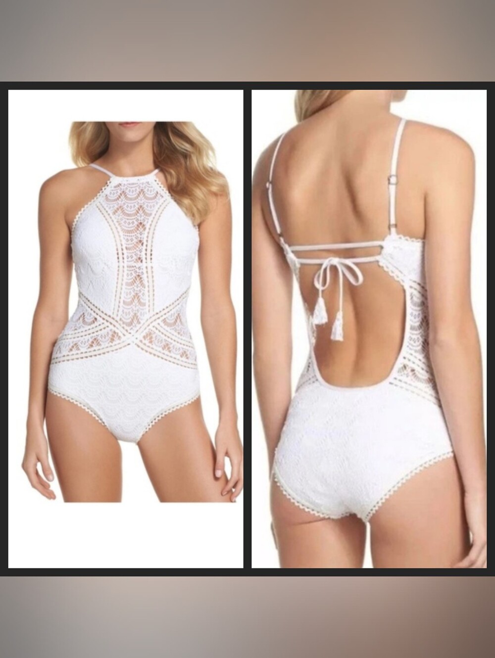 BECCA Virtue Prairie Rose High-Neck Crochet One-Piece Swimsuit White Womens S